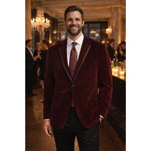 Mens Alan Flusser Burgundy Velvet Dinner Jacket 46R Wedding Formal One-Button